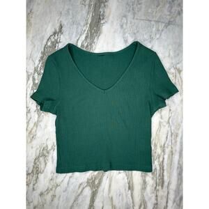 Green Ribbed V Neck Crop T-Shirt Top Size Small